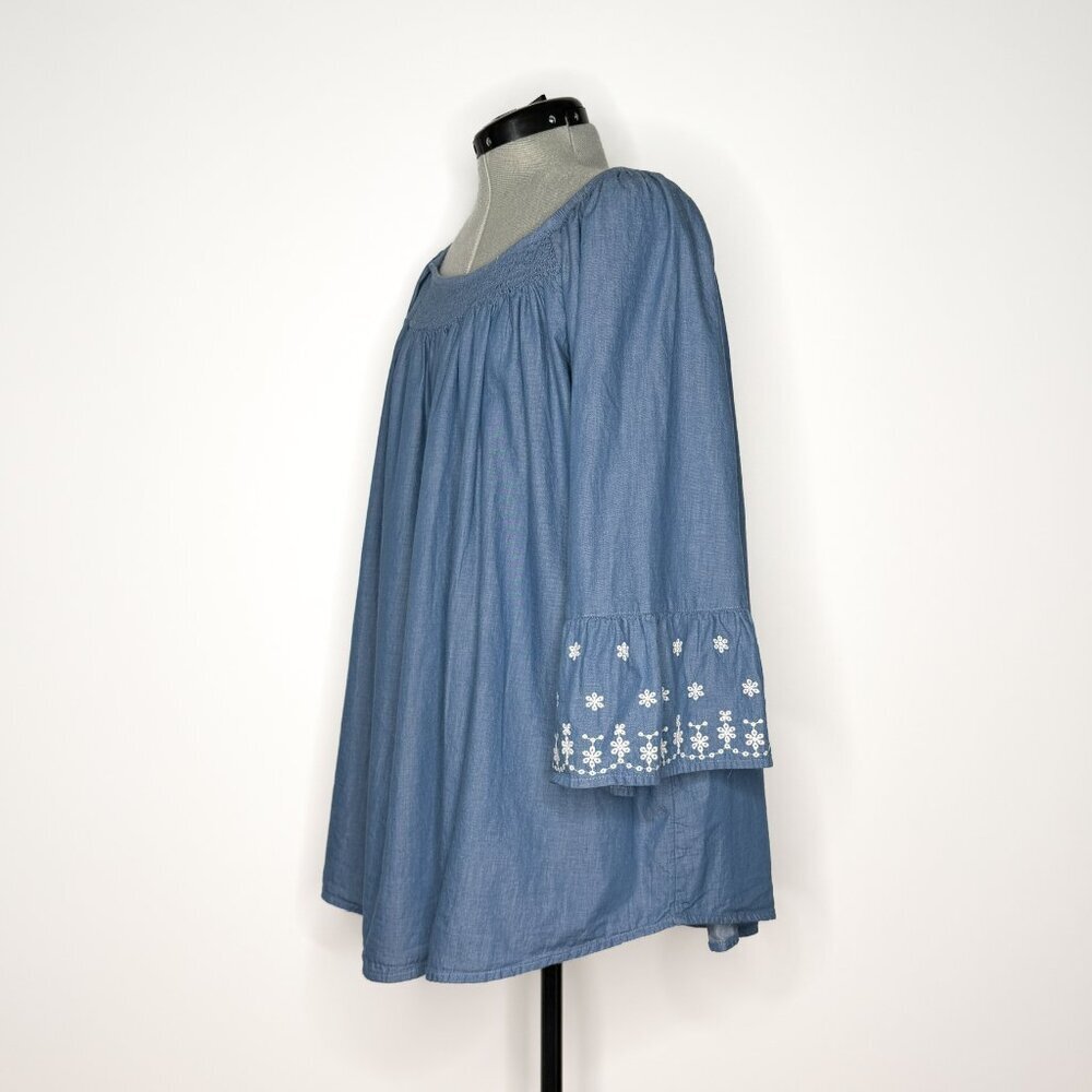 Terra & Sky Smocked Neck Denim Blue Tunic with Eyelet Embroidery - 1X - Picture 3 of 8